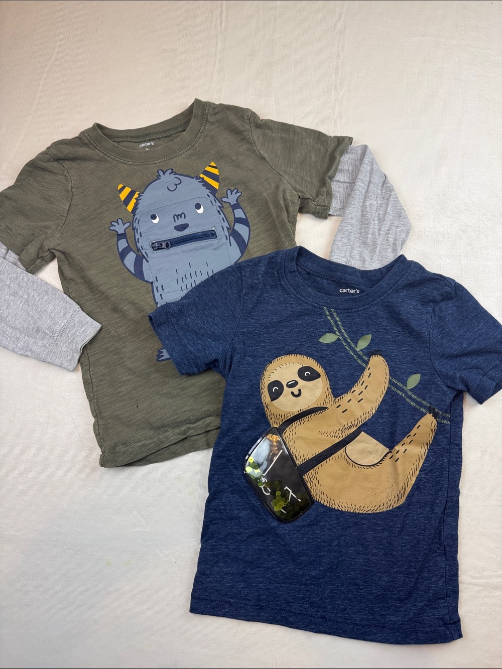 Carter's  Bundle Navy Sloth Short Sleeve Tee Olive Monster Long Sleeve Size 3T